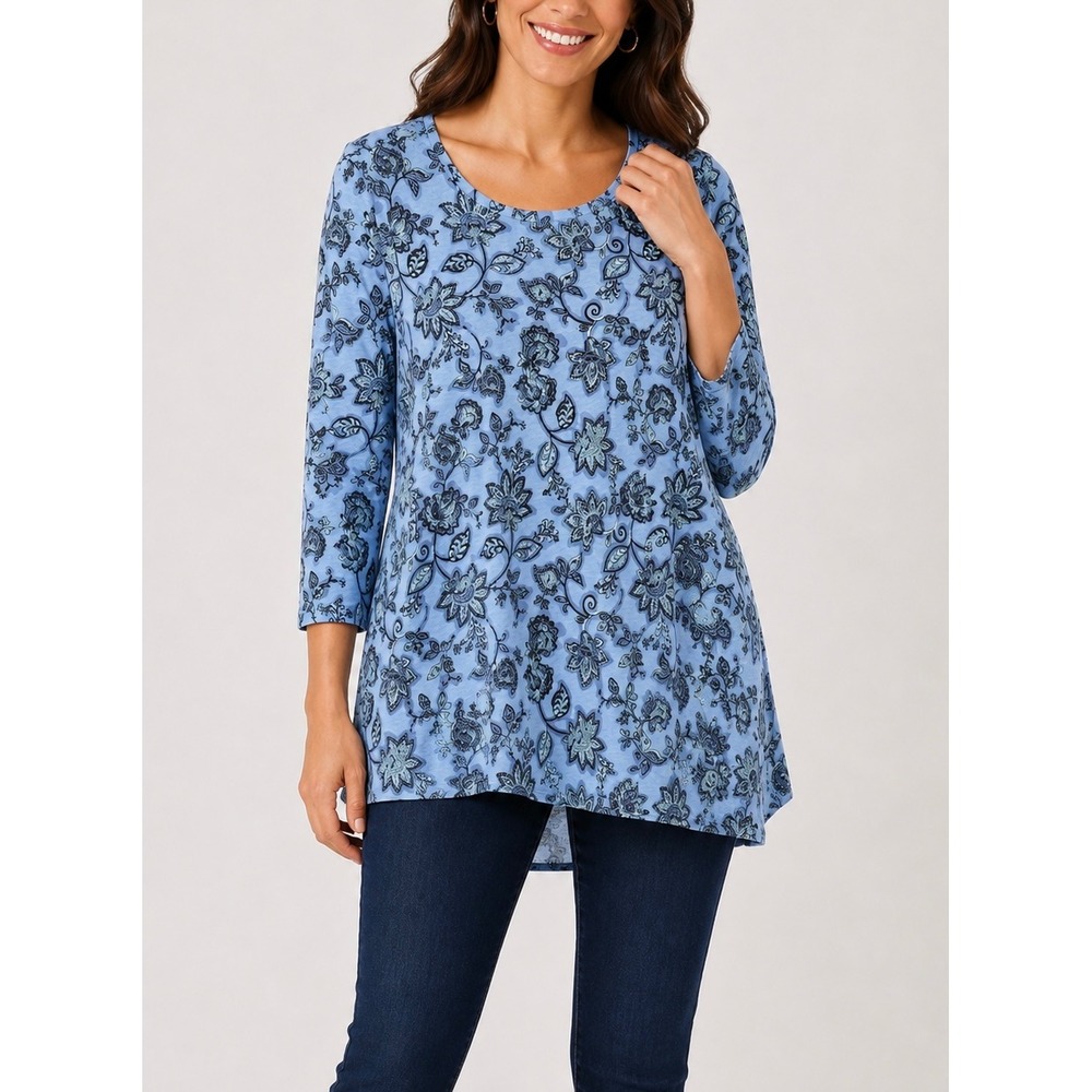 Pure Jill Ballet Sleeve Tunic Womens S Blue Floral Paisley Boho Top Cottagecore